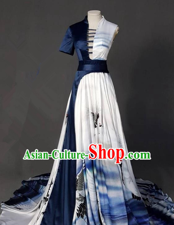 Top Grade Chinese Catwalks Customized Costume Model Show Printing Crane Full Dress for Women