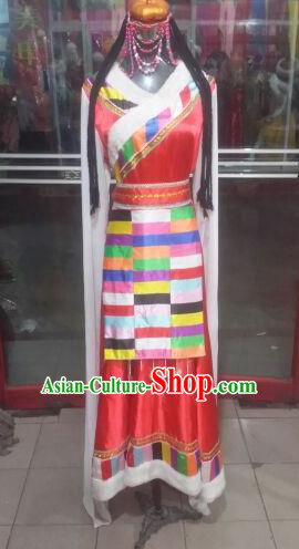 Chinese Traditional Tibetan Folk Dance Costume China Zang Nationality Red Dress for Women
