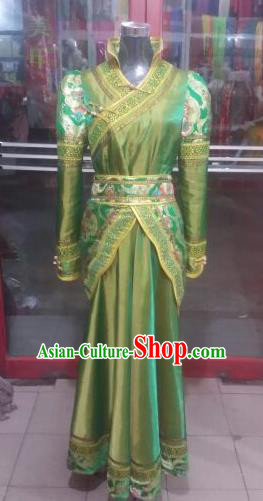 Chinese Traditional Mongolian Folk Dance Costume China Mongol Nationality Green Dress for Women