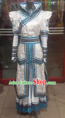 Chinese Traditional Mongolian Folk Dance Costume China Mongol Nationality White Dress for Women