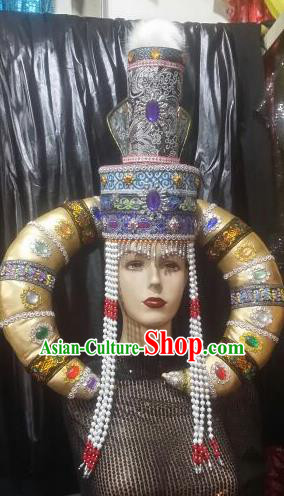 Chinese Traditional Mongolian Queen Purple Hats China Mongol Nationality Wedding Headwear for Women