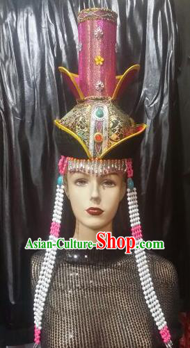 Chinese Traditional Mongolian Princess Rosy Hats China Mongol Nationality Wedding Headwear for Women