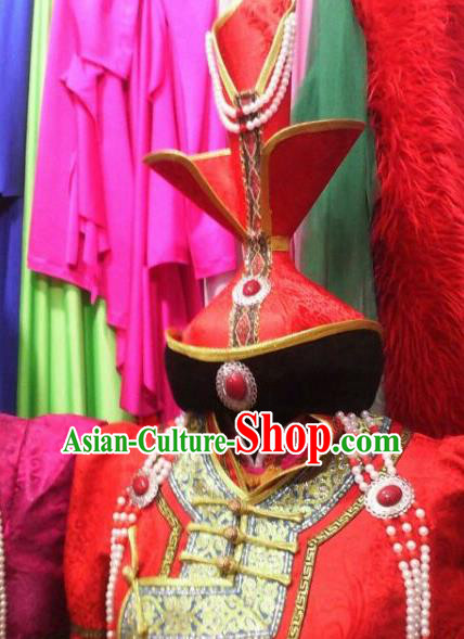 Chinese Traditional Mongolian Princess Red Hats China Mongol Nationality Wedding Headwear for Women