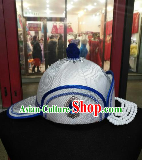 Chinese Traditional Mongolian Folk Dance White Hats Mongol Nationality Headwear for Women
