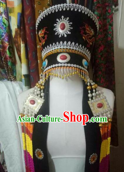 Chinese Traditional Mongolian Wedding Black Hats Mongol Nationality Folk Dance Headwear for Women