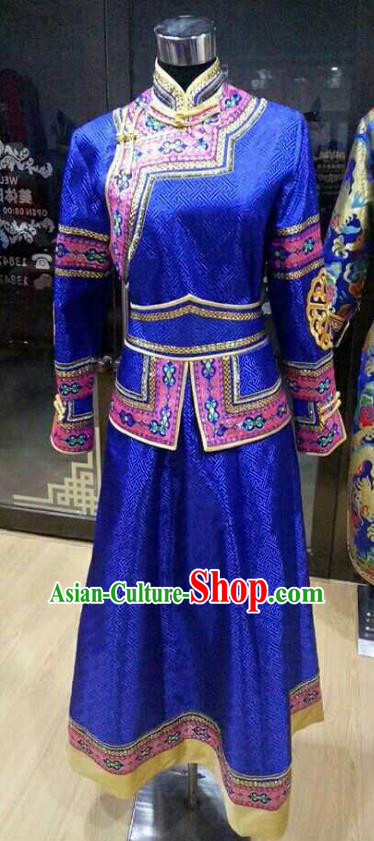 Chinese Traditional Mongolian Folk Dance Clothing China Mongol Nationality Bride Blue Dress for Women