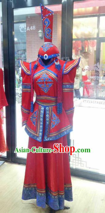Chinese Traditional Mongolian Folk Dance Red Dress China Mongol Nationality Bride Costume and Hat for Women