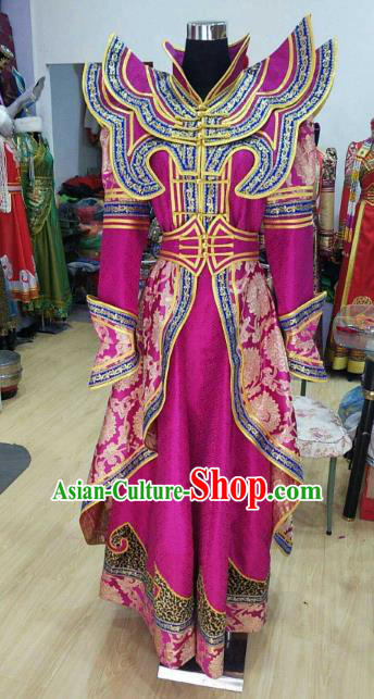 Chinese Traditional Mongolian Rosy Dress China Mongol Nationality Folk Dance Costume for Women
