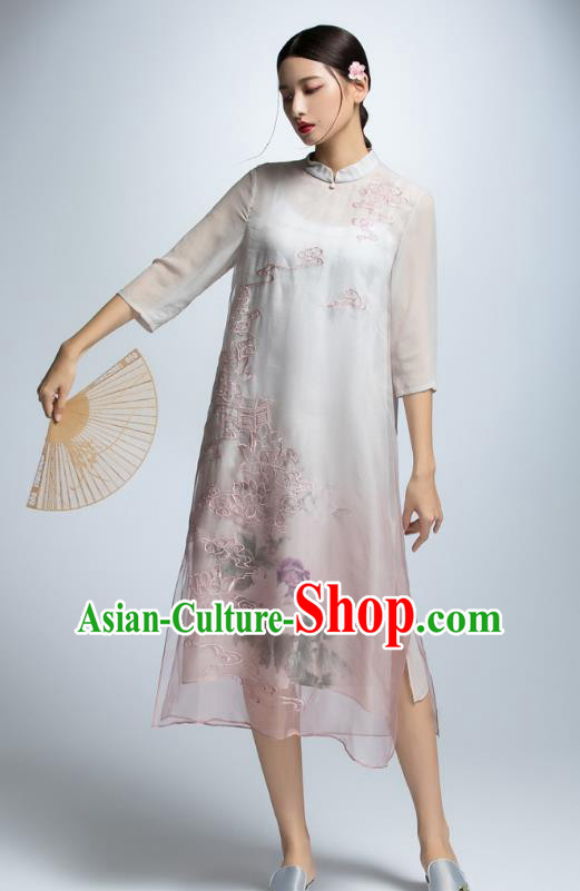 Chinese Traditional Embroidered Lotus Cheongsam Dress China National Costume for Women