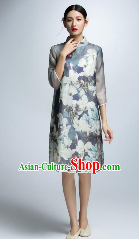 Chinese Traditional Printing Mangnolia Cheongsam Dress China National Costume for Women