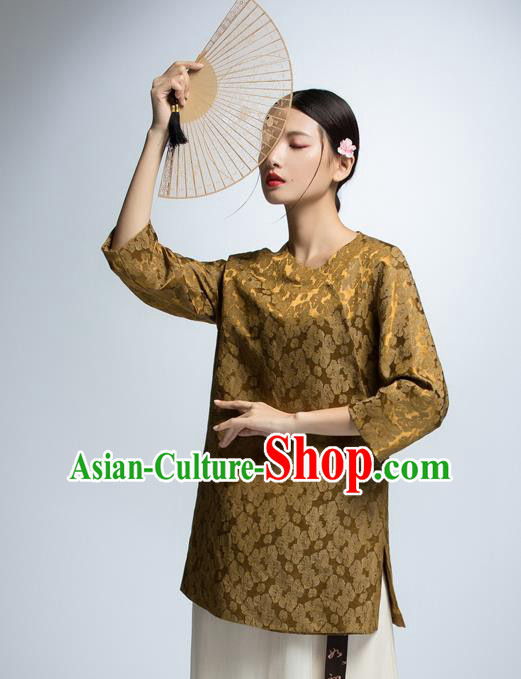 Chinese Traditional Costume Golden Cheongsam Blouse China National Upper Outer Garment Shirt for Women