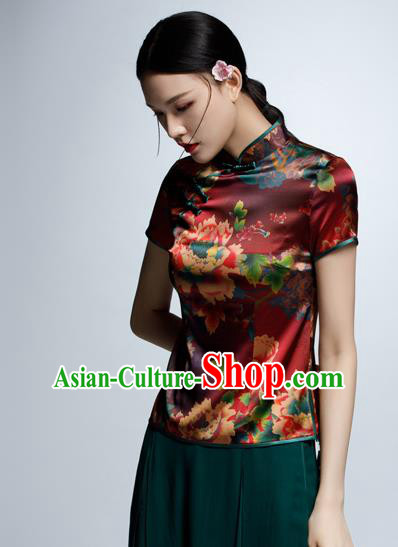Chinese Traditional Costume Printing Cheongsam Blouse China National Upper Outer Garment Shirt for Women