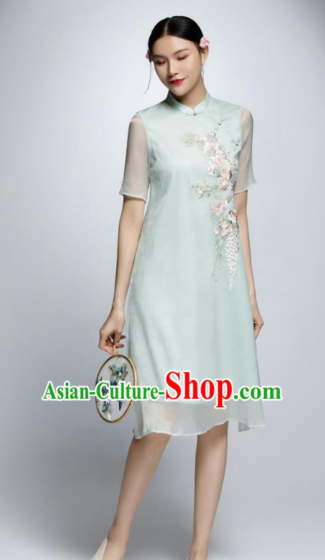 Chinese Traditional Embroidered Green Cheongsam China National Costume Qipao Dress for Women