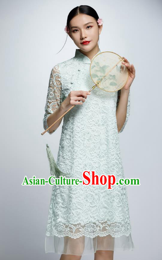 Chinese Traditional Green Lace Cheongsam China National Costume Qipao Dress for Women