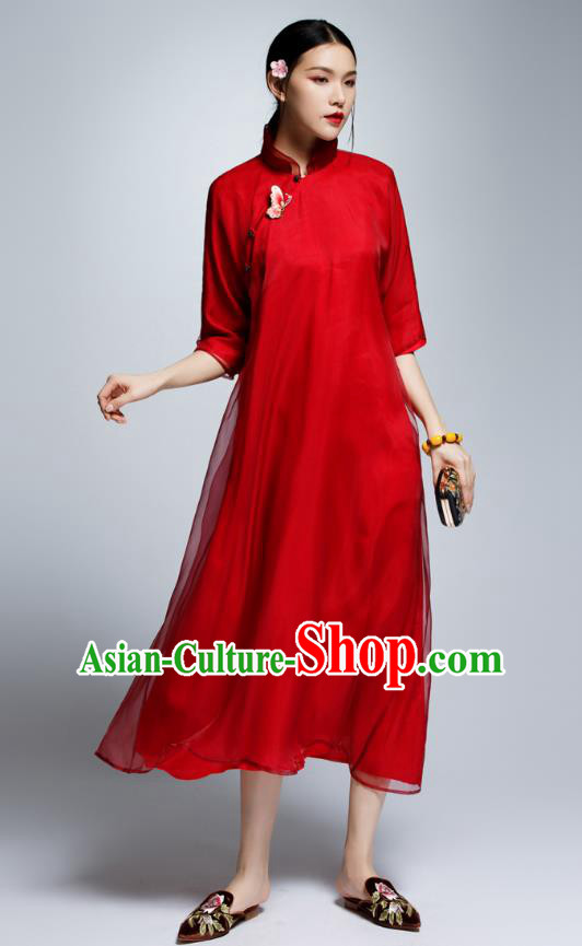 Chinese Traditional Red Organza Cheongsam China National Costume Tang Suit Qipao Dress for Women