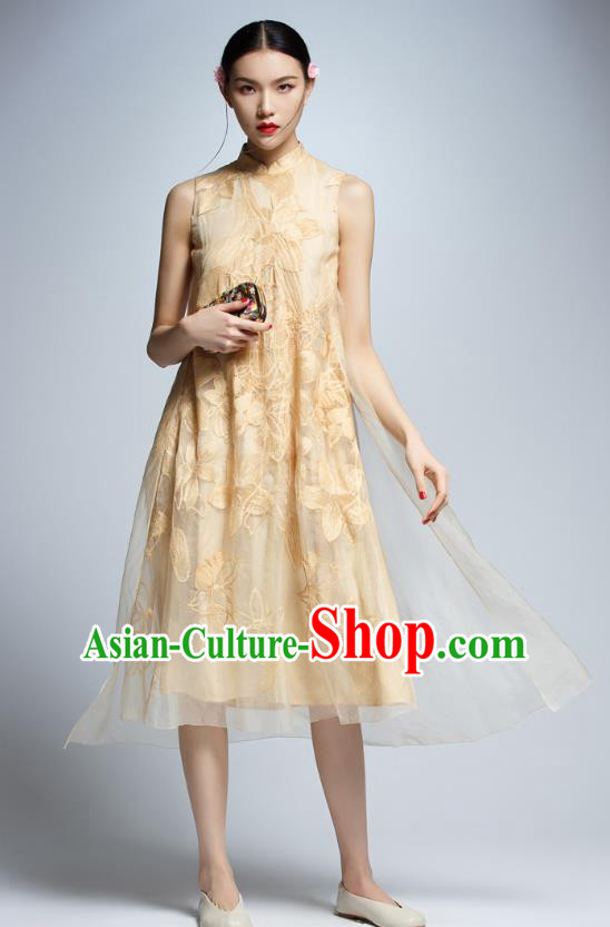 Chinese Traditional Golden Cheongsam China National Costume Tang Suit Qipao Dress for Women