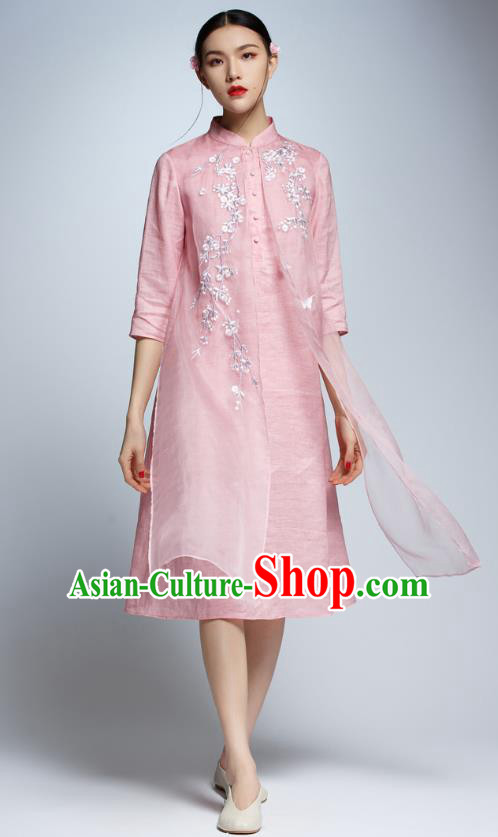 Chinese Traditional Embroidered Pink Cheongsam China National Costume Tang Suit Qipao Dress for Women