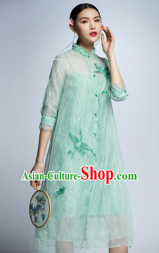 Chinese Traditional Embroidered Crane Green Cheongsam China National Costume Tang Suit Qipao Dress for Women