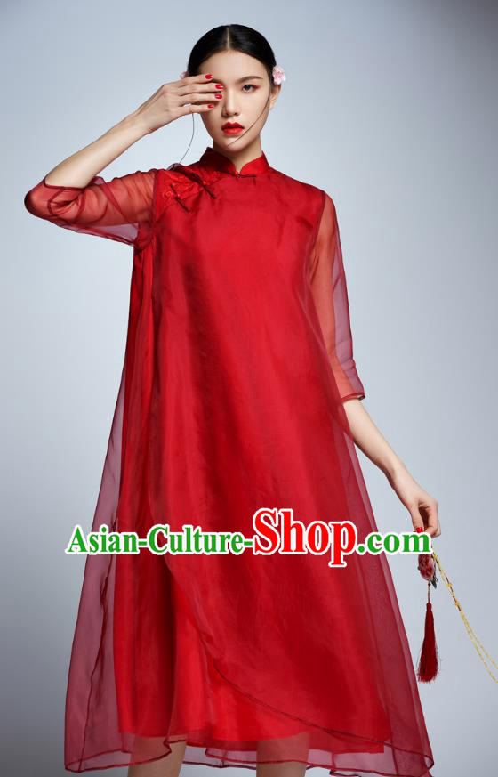 Chinese Traditional Red Organza Cheongsam China National Costume Tang Suit Qipao Dress for Women