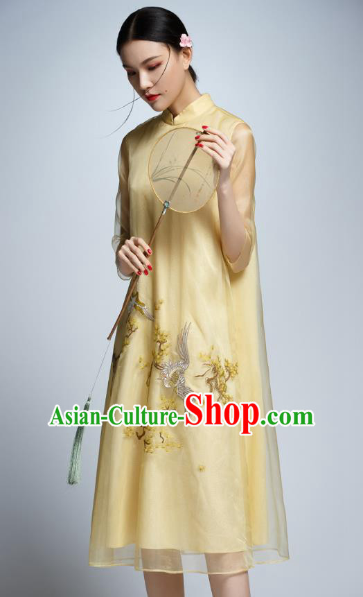 Chinese Traditional Embroidered Yellow Organza Cheongsam China National Costume Tang Suit Qipao Dress for Women