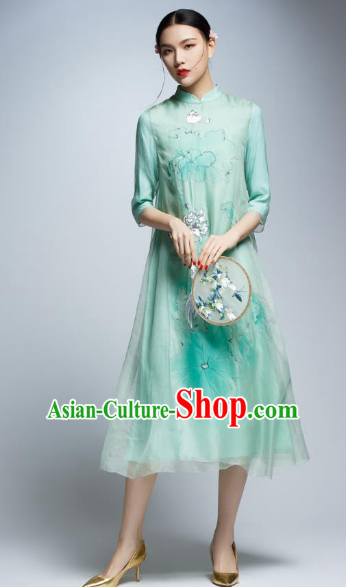 Chinese Traditional Printing Lotus Crane Green Cheongsam China National Costume Tang Suit Qipao Dress for Women