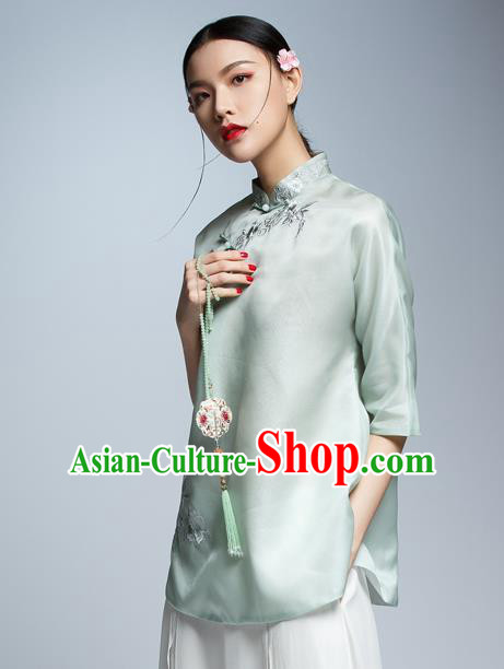 Chinese Traditional Costume Green Silk Cheongsam Blouse China National Upper Outer Garment Shirt for Women
