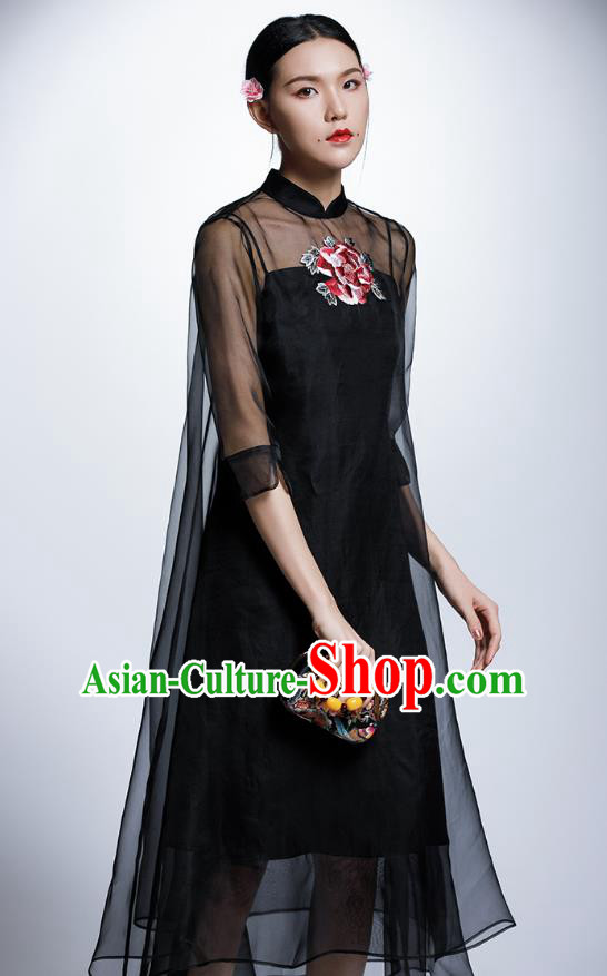 Chinese Traditional Embroidered Peony Black Cheongsam China National Costume Tang Suit Qipao Dress for Women