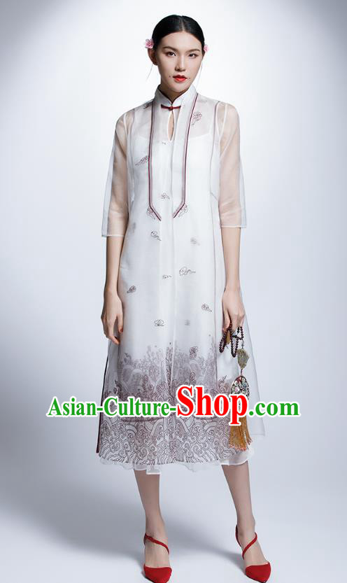 Chinese Traditional Costume White Cheongsam China National Tang Suit Qipao Dress for Women