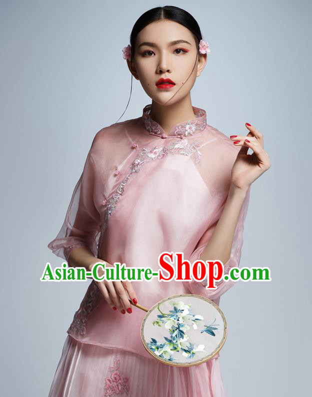 Chinese Traditional Tang Suit Embroidered Pink Blouse China National Upper Outer Garment Cheongsam Shirt for Women