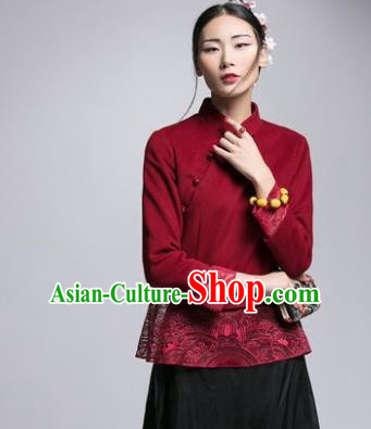 Chinese Traditional Tang Suit Red Woolen Jacket China National Upper Outer Garment Cheongsam Shirt for Women