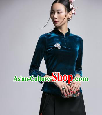 Chinese Traditional Tang Suit Green Velvet Blouse China National Upper Outer Garment Cheongsam Shirt for Women