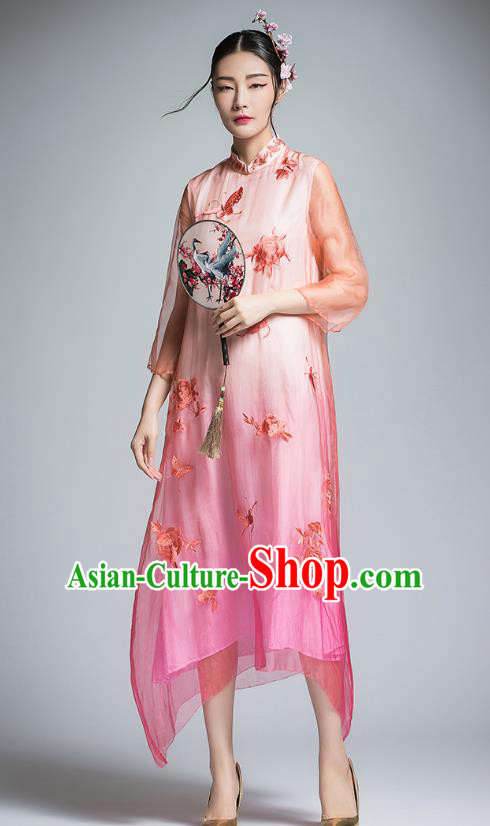Chinese Traditional Tang Suit Embroidered Peony Organza Cheongsam China National Qipao Dress for Women