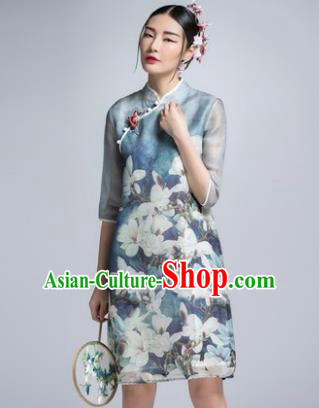 Chinese Traditional Tang Suit Printing Mangnolia Blue Cheongsam China National Qipao Dress for Women
