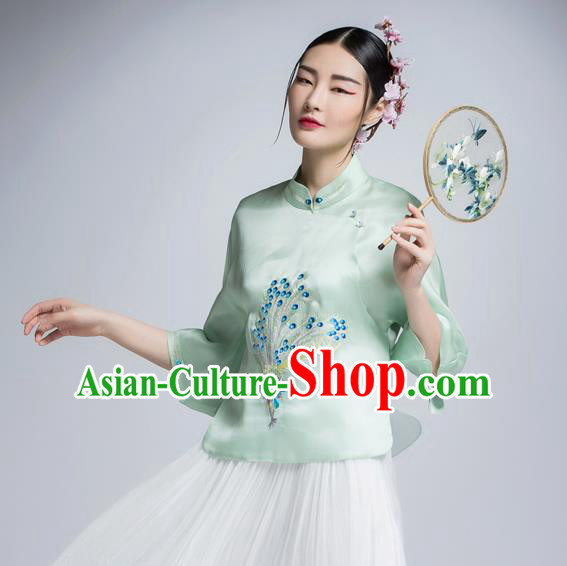 Chinese Traditional Tang Suit Green Silk Blouse China National Upper Outer Garment Shirt for Women