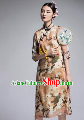 Chinese Traditional Tang Suit Printing Yellow Cheongsam China National Qipao Dress for Women
