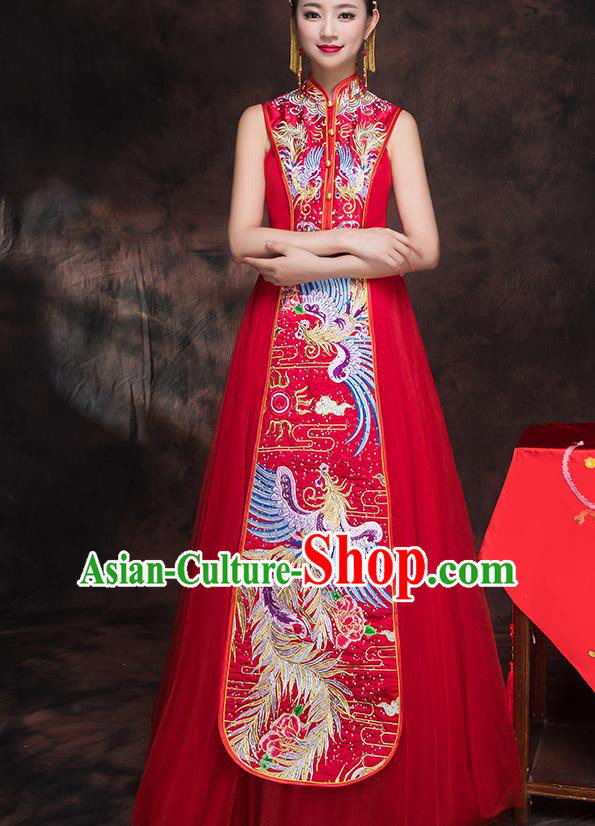 Traditional Chinese Embroidered Phoenix Xiuhe Suit Ancient Wedding Red Dress Toast Cheongsam for Women