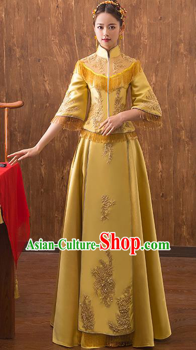 Traditional Chinese Embroidered Yellow Xiuhe Suit Ancient Wedding Dress Toast Cheongsam for Women