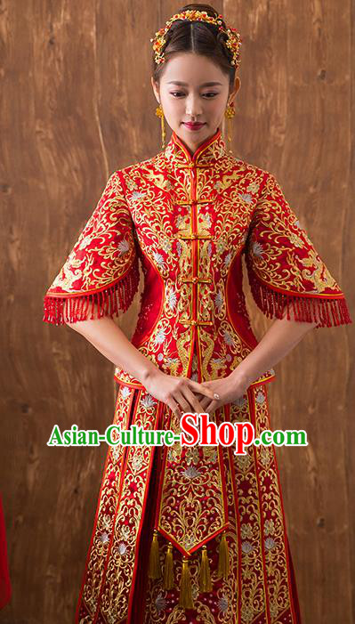 Traditional Chinese Embroidered Bottom Drawer Xiuhe Suit Ancient Wedding Dress Toast Red Cheongsam for Women