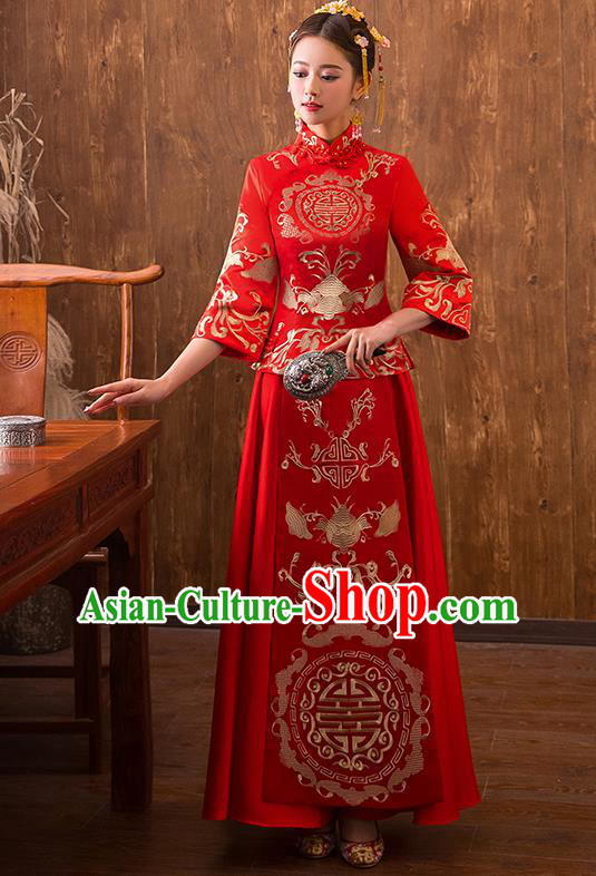 Traditional Chinese Ancient Bottom Drawer Embroidered Bat Xiuhe Suit Wedding Dress Toast Red Cheongsam for Women