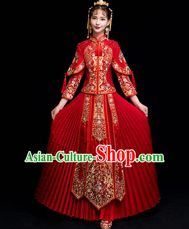 Chinese Traditional Wedding Toast Costumes China Ancient Bride Xiuhe Suit Embroidered Clothing for Women
