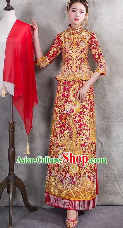 Traditional Chinese Ancient Diamante Bottom Drawer Embroidered Phoenix Xiuhe Suit Wedding Dress Toast Red Cheongsam for Women
