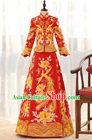 Traditional Chinese Ancient Red Bottom Drawer Embroidered Peony Phoenix Xiuhe Suit Wedding Dress Toast Cheongsam for Women