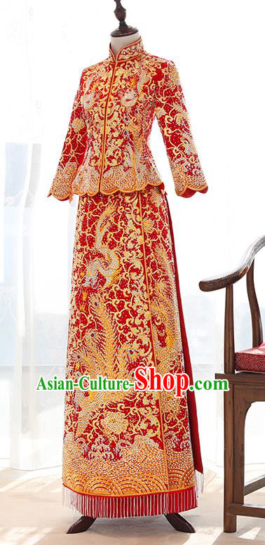 Traditional Chinese Ancient Diamante Bottom Drawer Embroidered Xiuhe Suit Wedding Dress Toast Cheongsam for Women