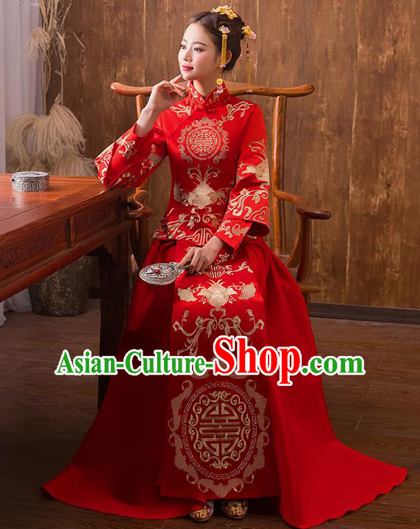 Traditional Chinese Ancient Embroidered Bats Bottom Drawer Xiuhe Suit Wedding Dress Toast Cheongsam for Women