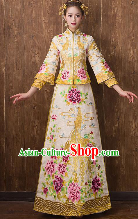 Traditional Chinese Ancient Yellow Toast Cheongsam Embroidered Peony Bottom Drawer Xiuhe Suit Wedding Dress for Women