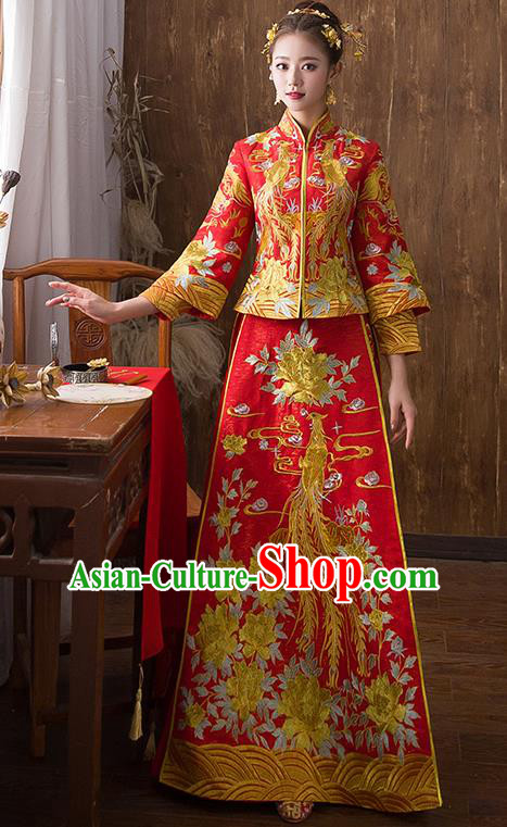 Traditional Chinese Ancient Red Toast Cheongsam Embroidered Peony Bottom Drawer Xiuhe Suit Wedding Dress for Women