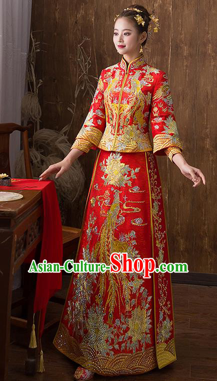 Traditional Chinese Ancient Red Diamante Toast Cheongsam Embroidered Peony Bottom Drawer Xiuhe Suit Wedding Dress for Women