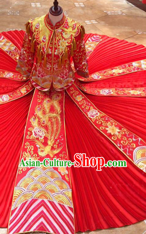 Traditional Chinese Ancient Embroidered Peony Toast Cheongsam Red Bottom Drawer Xiuhe Suit Wedding Dress for Women
