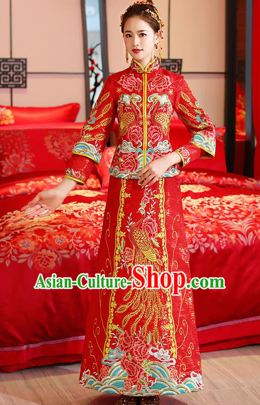 Traditional Chinese Ancient Embroidered Phoenix Peony Toast Cheongsam Red Bottom Drawer Xiuhe Suit Wedding Dress for Women