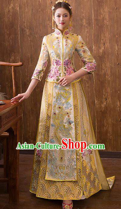 Traditional Chinese Ancient Diamante Trailing Yellow Bottom Drawer Embroidered Phoenix Xiuhe Suit Wedding Dress Toast Cheongsam for Women